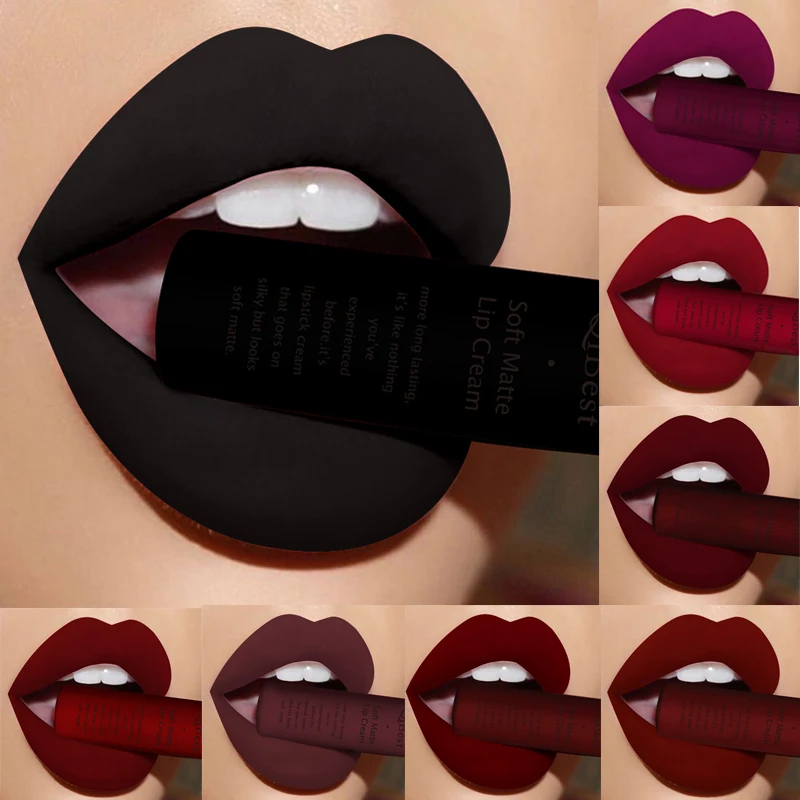 QIBEST Rossetto liquido opaco Impermeabile duraturo Velluto Lucidalabbra Tinta Tubo Pigmento nudo Rosso Nero Viola Arancione Rossetti Trucco