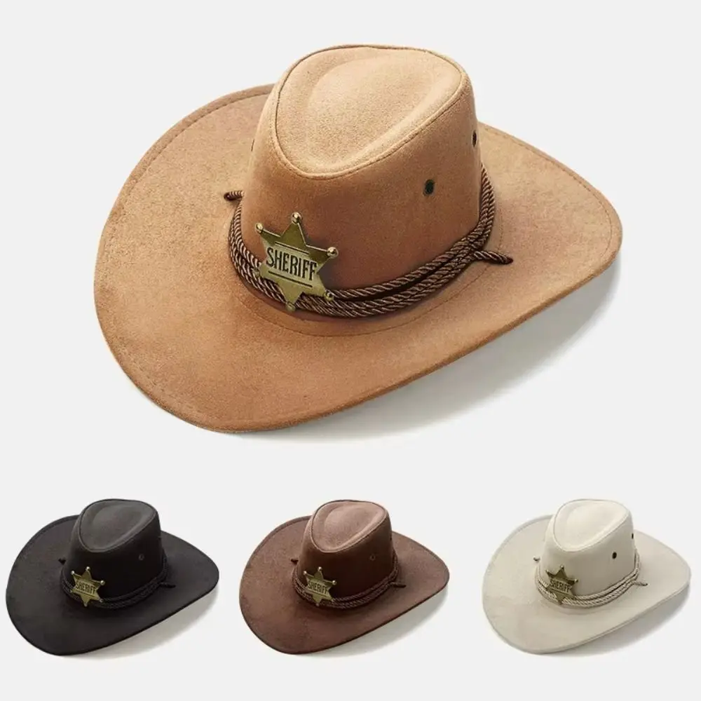 Unisex-Strand-Cowboyhut aus künstlichem Wildleder mit breiter Krempe, Sonnenschutz, Party-Cosplay-Hut, atmungsaktiv, einfarbig, Jazz-Hut Image