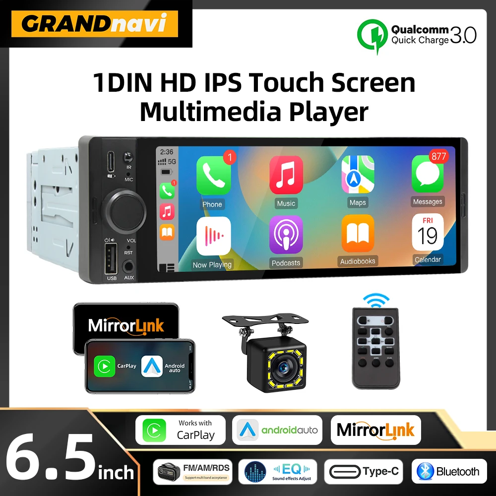 6,5 Zoll Universal 1DIN MP5 Autoradio Unterstützung Wired Carplay & Android Auto QC3.0 AUX USB BT Touchscreen Multimedia Video Player Image