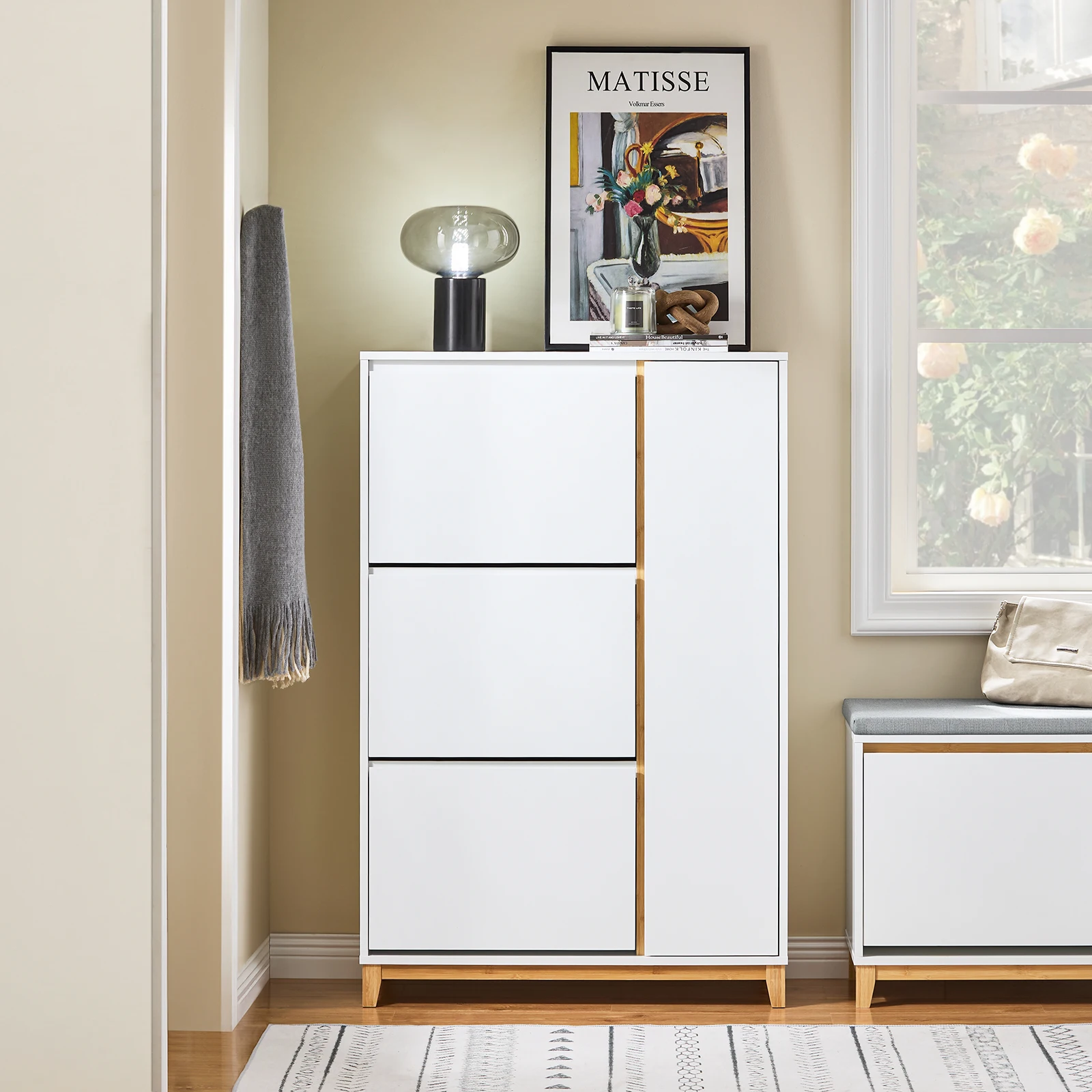 SoBuy FSR189-WN Schuhkipper mit 3 Klappen Schuhschrank schmal Schuhregal mit 6 Ablageflächen Schuhkommode Weißnatur 80x122x34cm