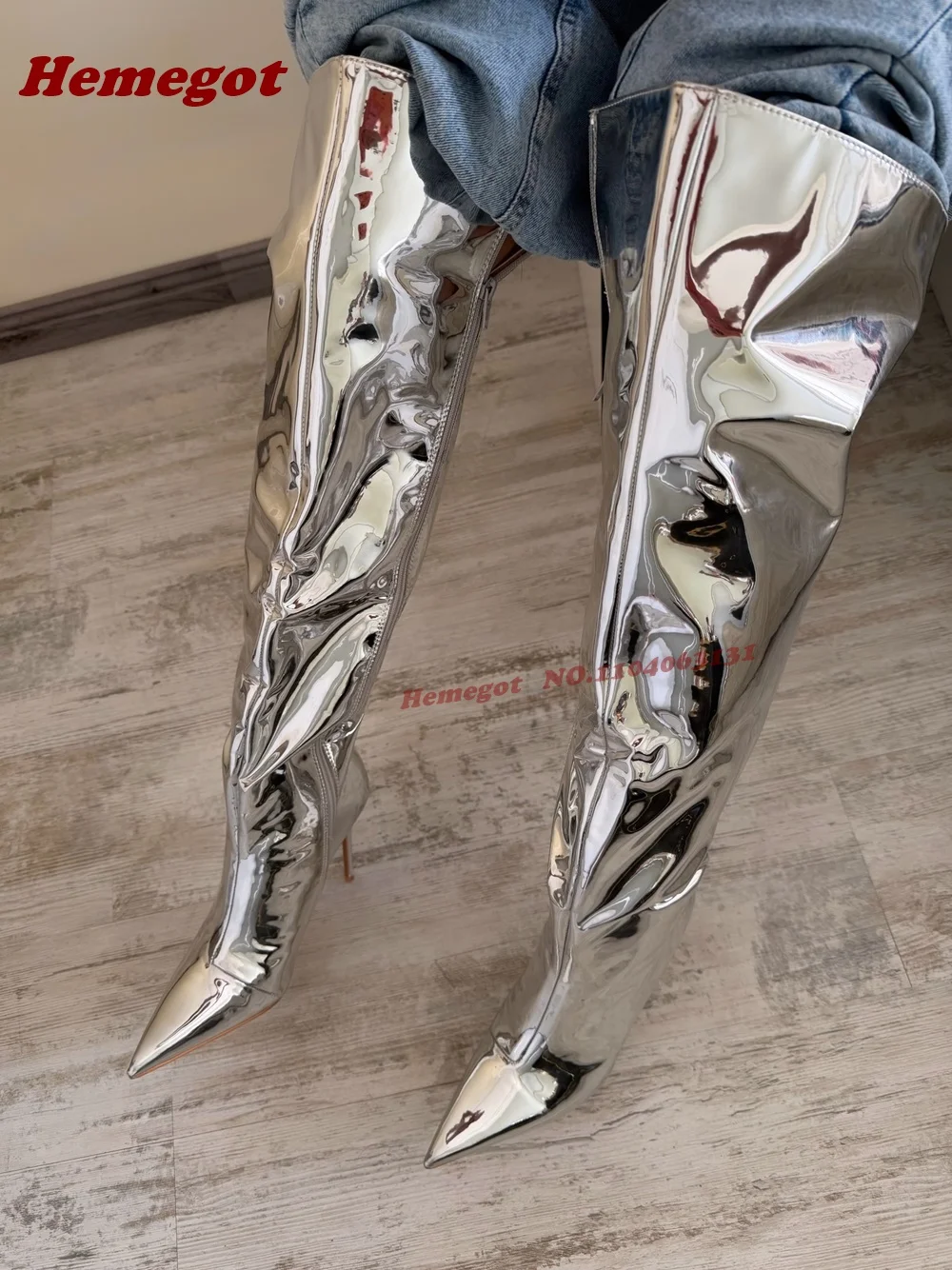 Spiegel-Silber-Stiletto-Overknee-Stiefel, spitze Zehenpartie, Patchwork, seitlicher Reißverschluss, Lackleder, glänzende Runway-Schuhe, Luxus, 2026, Neu Image