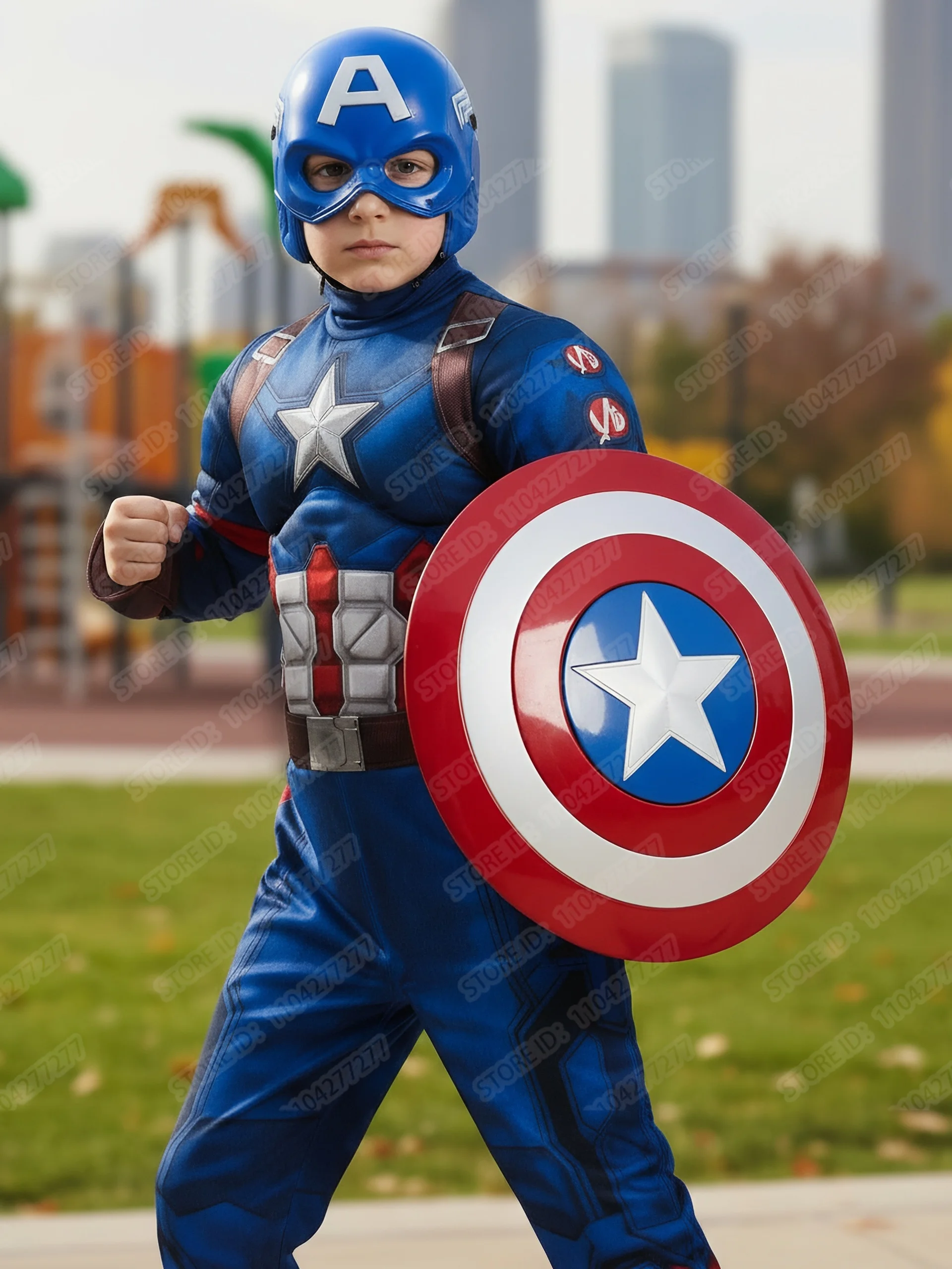 Captain America Muscle Jumpsuit Kostüm Superheld Cosplay Maske Jumpsuit Schild Halloween Karneval Party Kostüm für Kinder Image