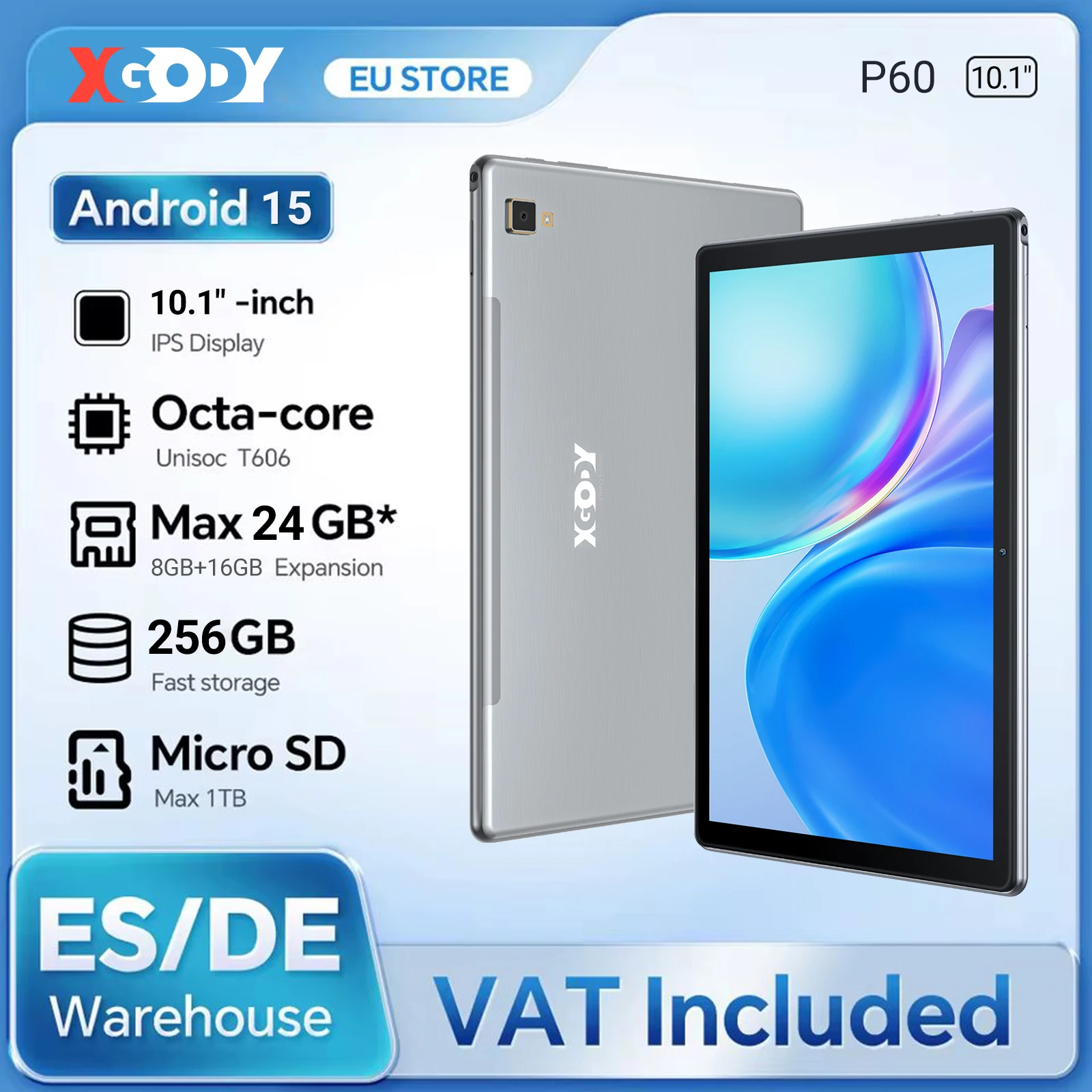XGODY P60 Android 15 Tablet 10,1 Zoll 2K-Bildschirm, UNISOC T606, max. 24 GB RAM, 256 GB ROM, 8000 mAh, 10 W Schnellladung, 4G LTE, GPS Image
