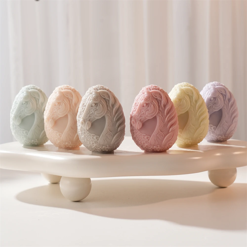 Ostern Dekor Ei Pferd Kerze Silikon Form Spitze Pferd Kopf Silikon Soja Wachs Form DIY Ostern Dekoration Ei Kerze Form Image