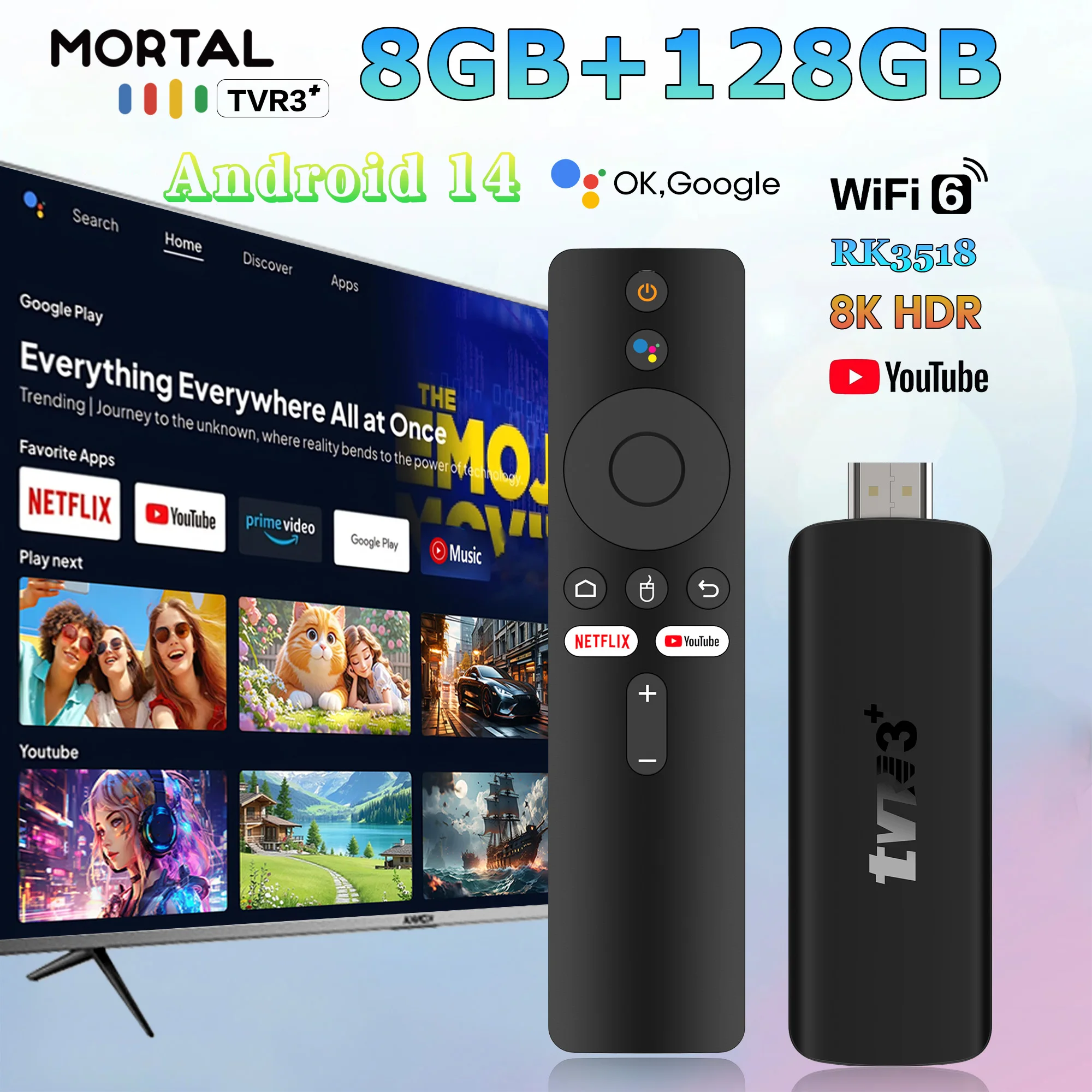TV Stick 2026 TVR3+ con doppia interfaccia UI, 8K HD, WIFI 6, Android 14.0, RK3518 Quad Core, 8GB RAM, 128GB ROM, lettore multimediale per Home Theater