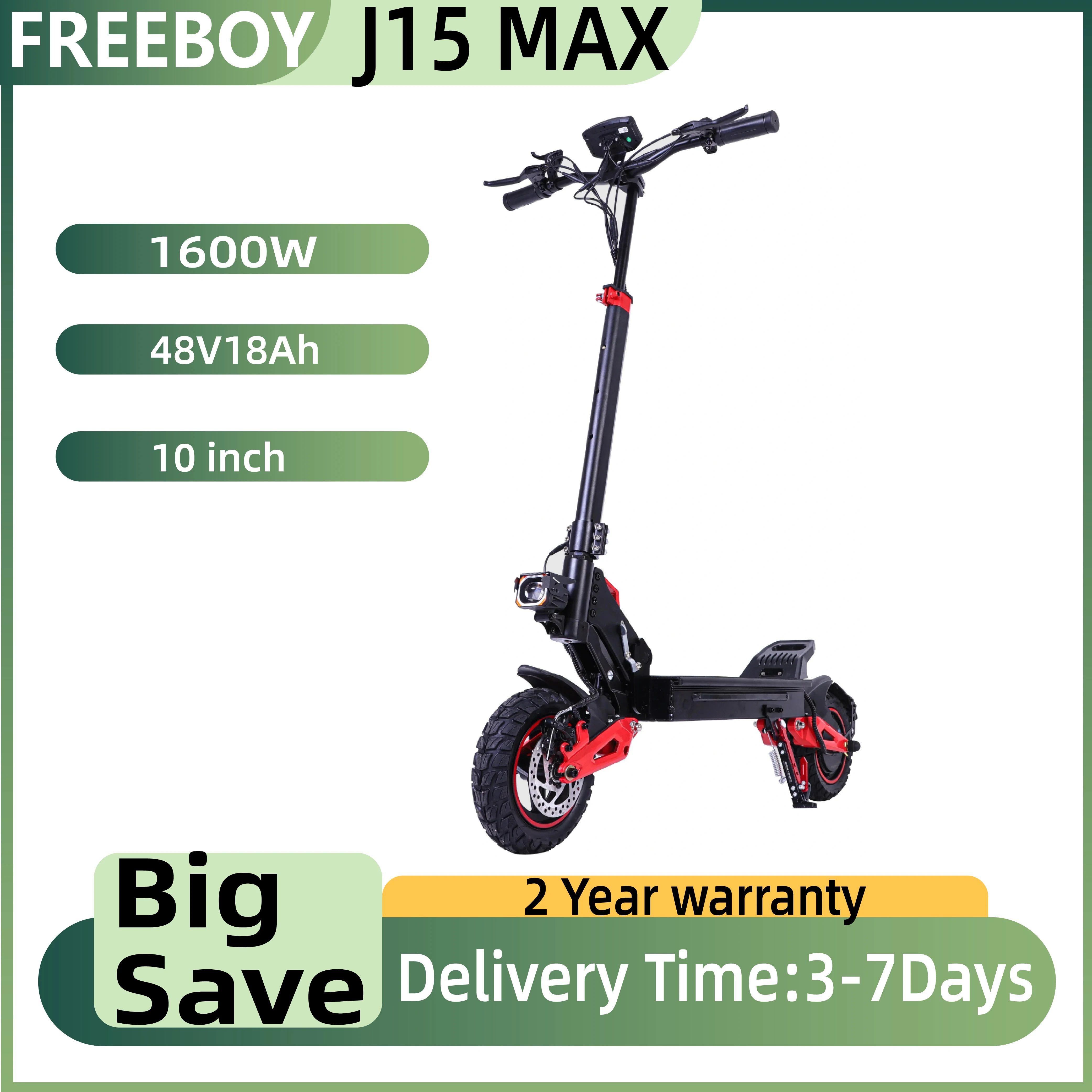 FREEBOY J15 MAX Erwachsenen-Elektroroller 1600W Motor 48V 18AH Faltbarer E-Scooter 10 Zoll Fatbike-Reifen Geländegängiger Roller Image