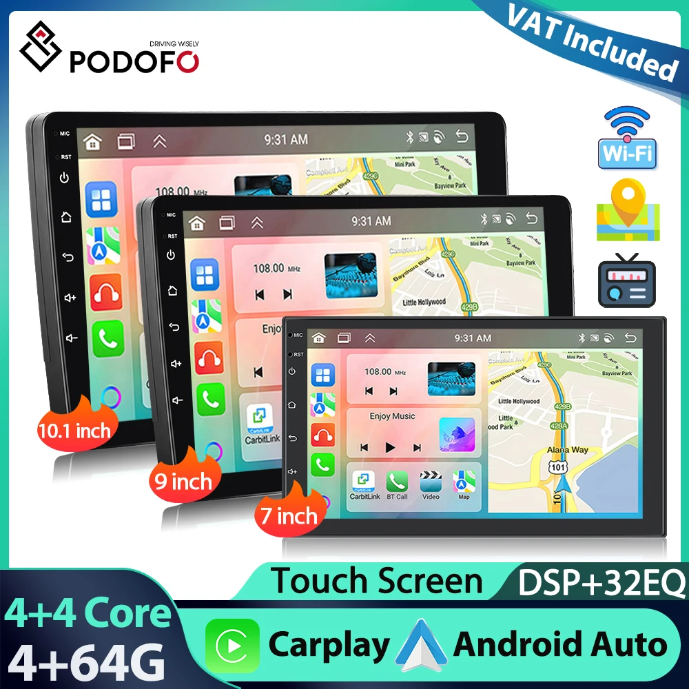 Autoradio Podofo 7''/9''/10.1'' 4+64G 2Din Lettore Multimediale con Carplay, Android Auto, WIFI, GPS, Navigazione, DSP, Bluetooth