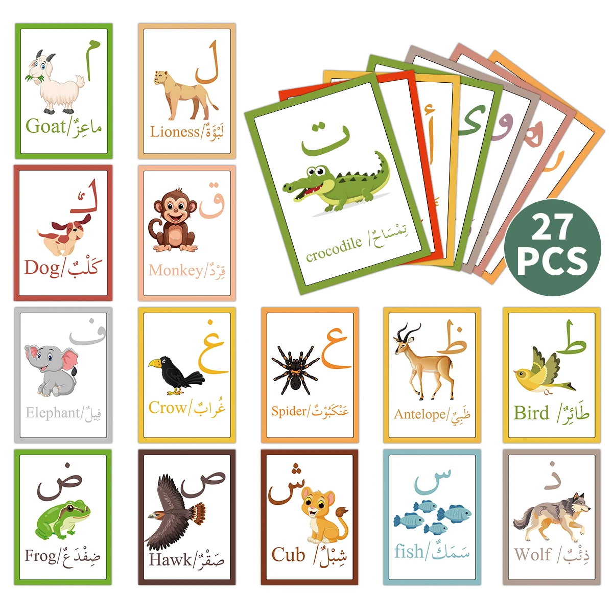 27 Stück arabisch-englische Tierkarteikarten, frühe pädagogische Werkzeuge, muslimische Familie, interaktive Sprachenkarten, Eid Al-Fitr Ramadan-Geschenk Image