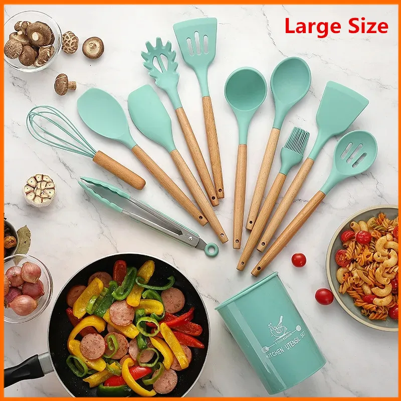 12Pc Holz Silikon Geschirr Hohe Temperatur Beständig Nicht Stick Topf Spachtel Löffel Mit Lagerung Eimer Kochen Utensilien Set Image
