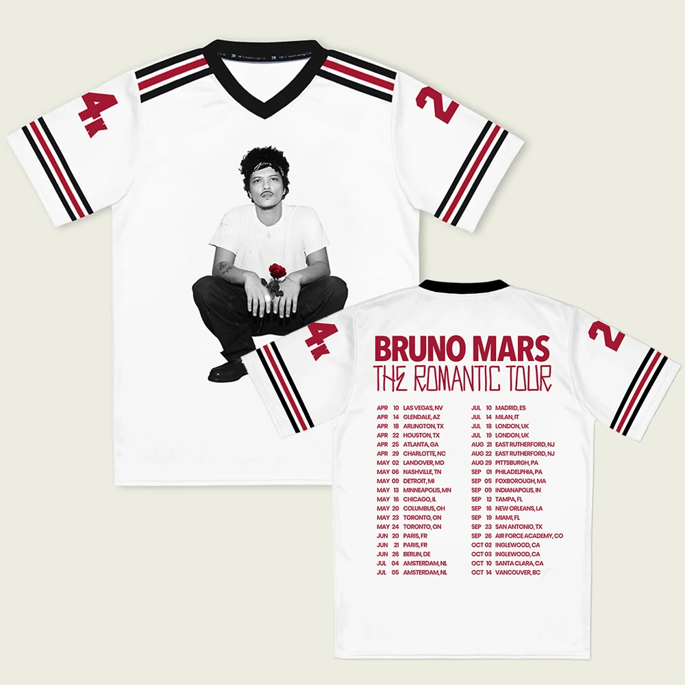 Bruno Mars The Romantic Tour 2026 Jersey V-Ausschnitt Kurzarm Lose Herren-T-Shirts Sommer Unisex Streetwear 3D-Druck Design Merch