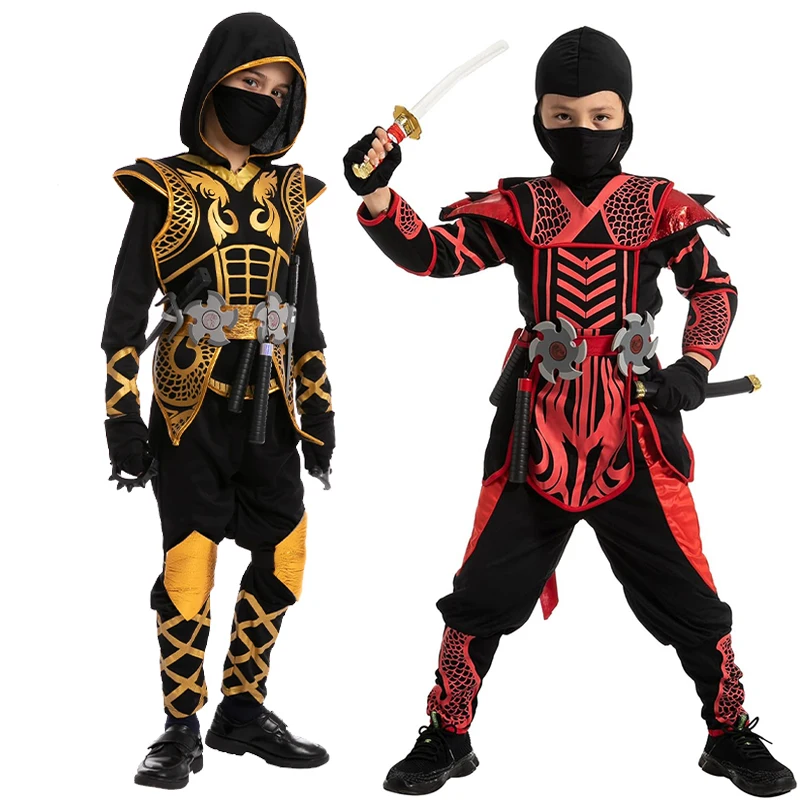 Junge Gold Drache Ninja Kostüm Assassin Cosplay Weltbuchtag Fancy Dress Up Mädchen Rot Schwarz Ninja Krieger Halloween Kostüm Image