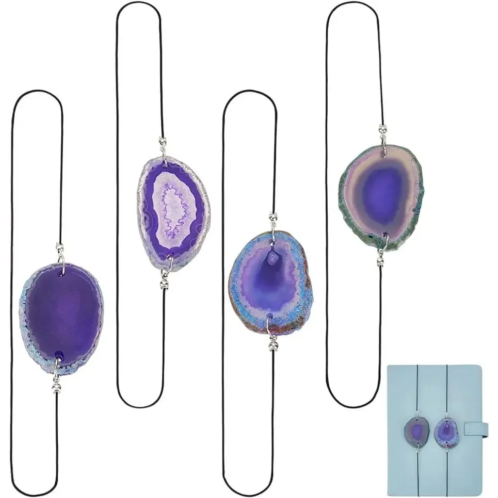 4 Stück Achat-Notizbuch-Lesezeichen mit elastischem Band – 15,75 Zoll gefärbte Druzy-Achat-Scheibe, handgefertigte Seitenmarkierungen Image