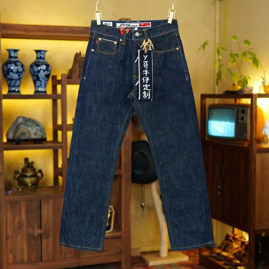 Schwere 25oz Rote Selvedge-Denim-Jeans für Herren Amerikanischer Vintage-Stil Lässige 100% Reine Baumwolle Reguläre Gerade Hose 5KM Winter