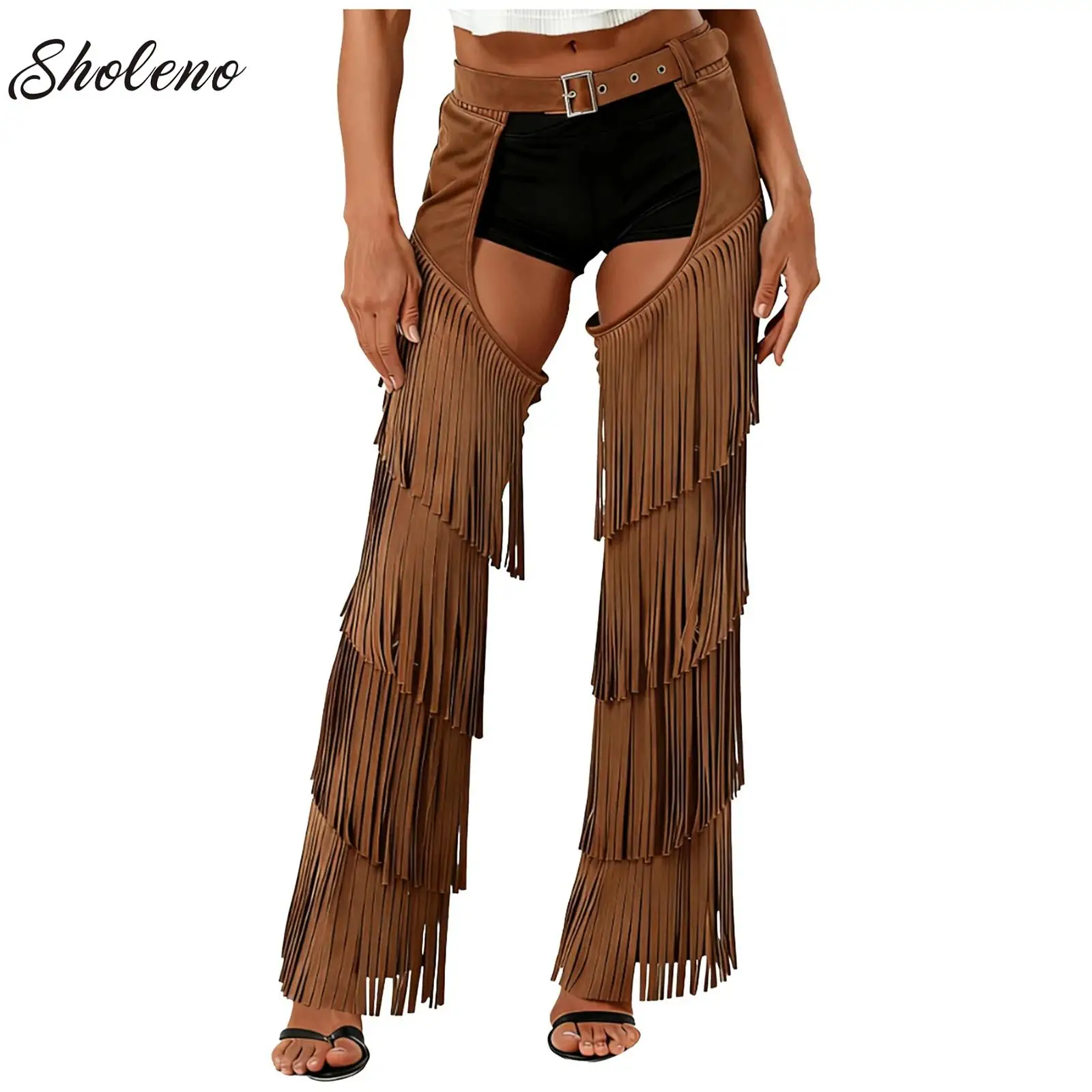 Damen Vintage Stilvolle Hippie Cowboy Chaps Hose Crotchless Motorrad Gothic Punk Hose für Raves Karneval Urlaub Hose