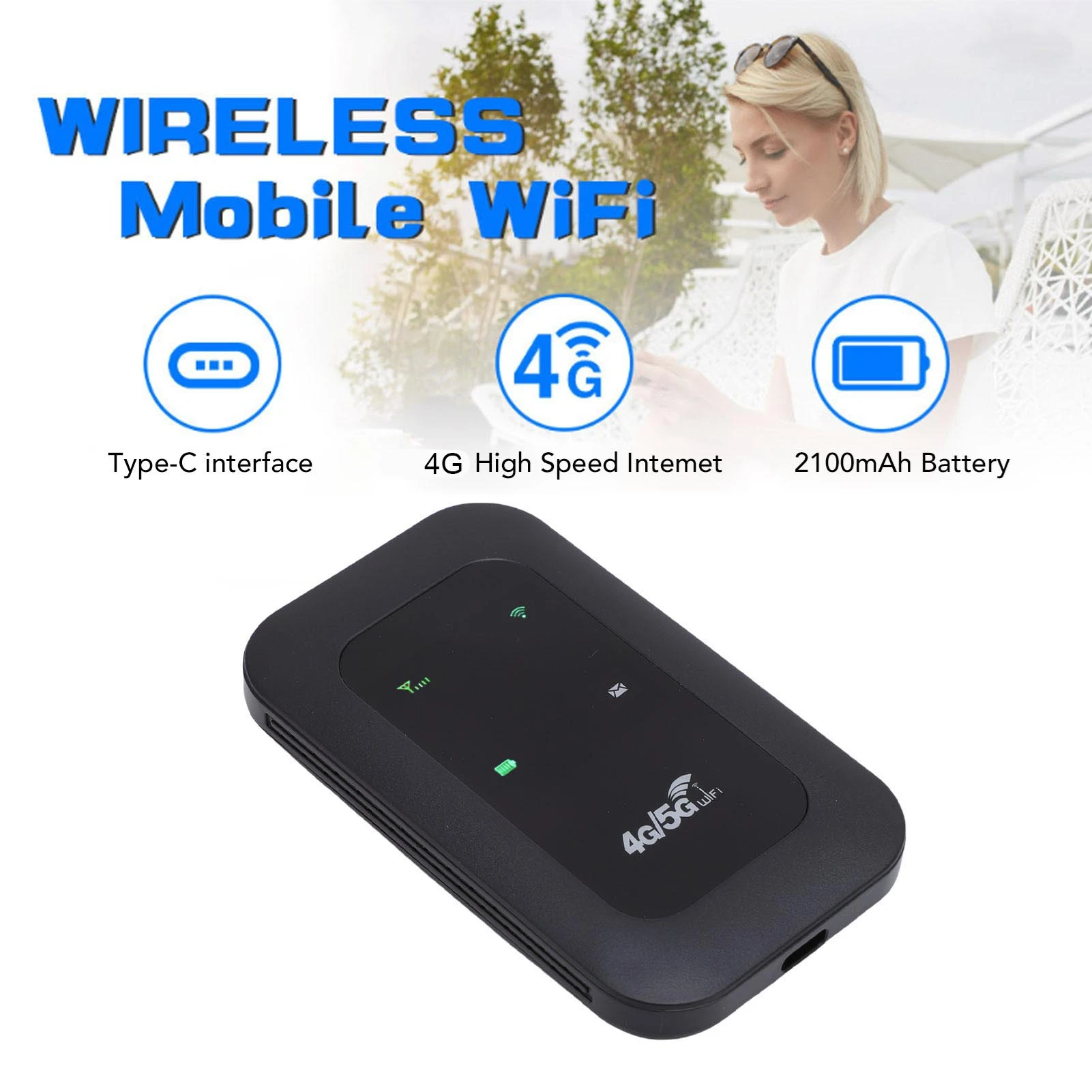 Mobiler 4G 5G-Router, mobiler WLAN-Router, 2100 mAh Akku, Farb-LED-Display, 300 Mbit/s, hohe Geschwindigkeit, tragbar für Camping Image