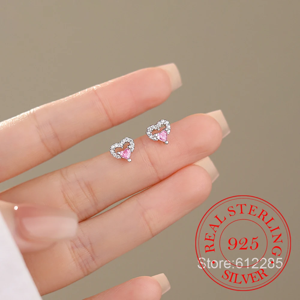 925 Sterling Silber Schmuck Rosa Kristall Süße Liebe Herz Ohrstecker für Frauen Hochzeit Schmuck Für Mädchen Freund Geschenk Image