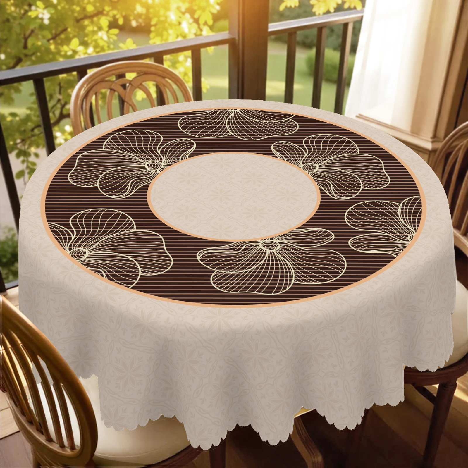 1 Piece, Vintage Line Art Floral Polyester Tablecloth + 4 Self-Adhesive Stickers, Round and Rectangular Tablecloth, Elegant Gold Line Floral Print Pattern, Embossed Edges, Suitable for Home Kitchen, Image