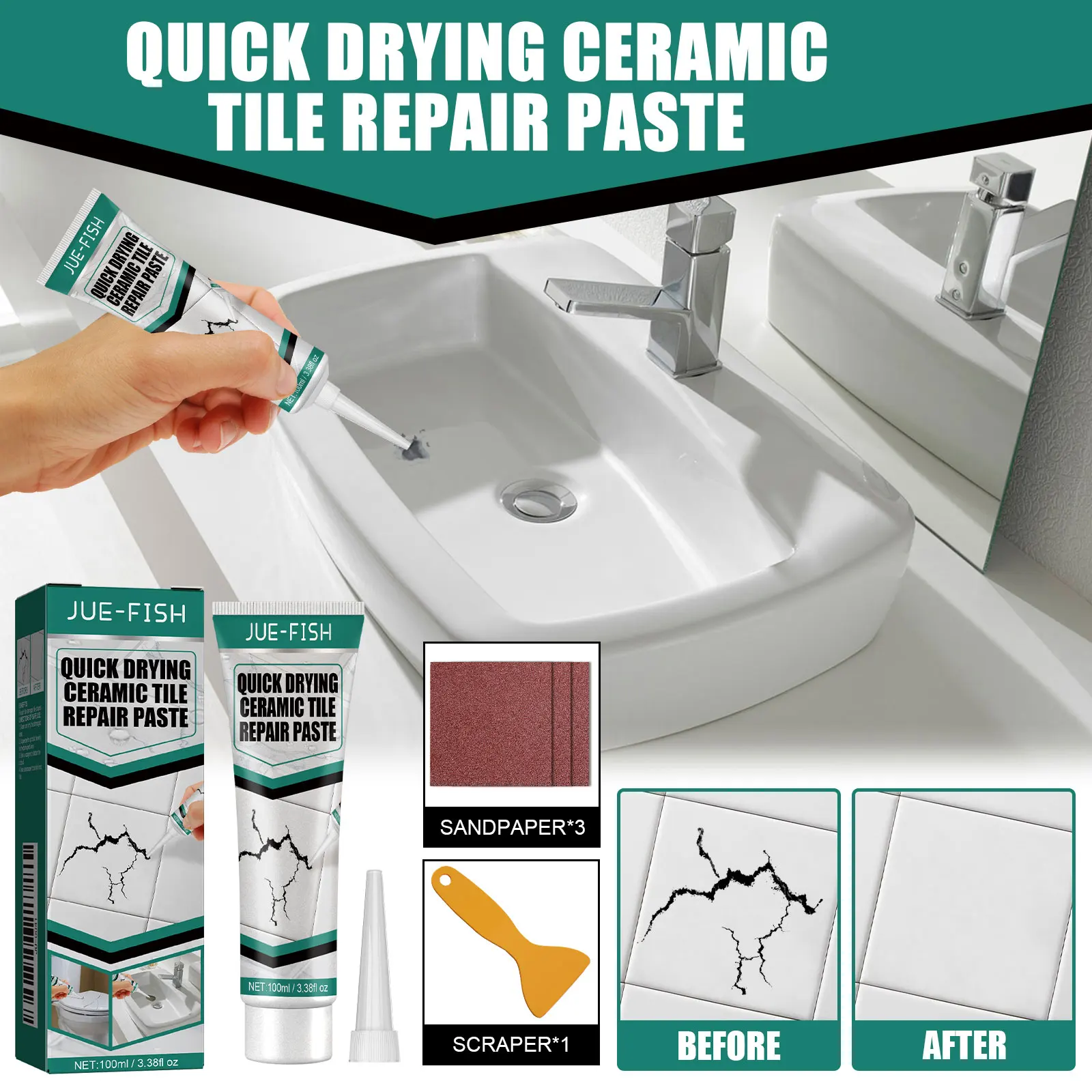Fliesen-Reparaturpaste, schnell trocknend, wasserdicht, Rissfüller, Kleber für Badezimmer, Küche, Porzellan, Marmor, Badewanne, Toilette, Kit