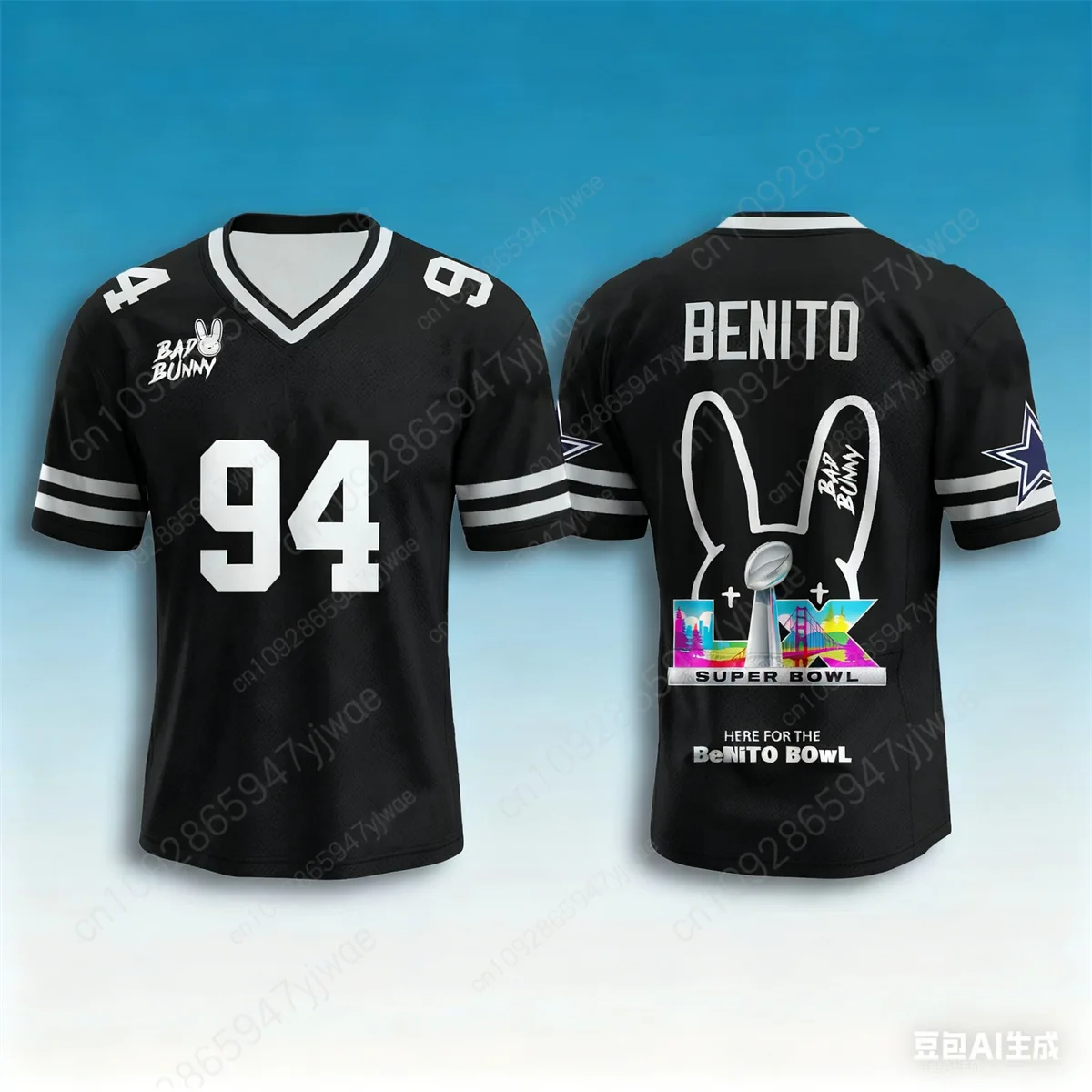 Bad Bunny Halftime Show Benito No.94 Print Rugby Jersey American Sports Tee V-Ausschnitt Schnelltrocknende Sportbekleidung Kinder-Erwachsenen-T-Shirt Image