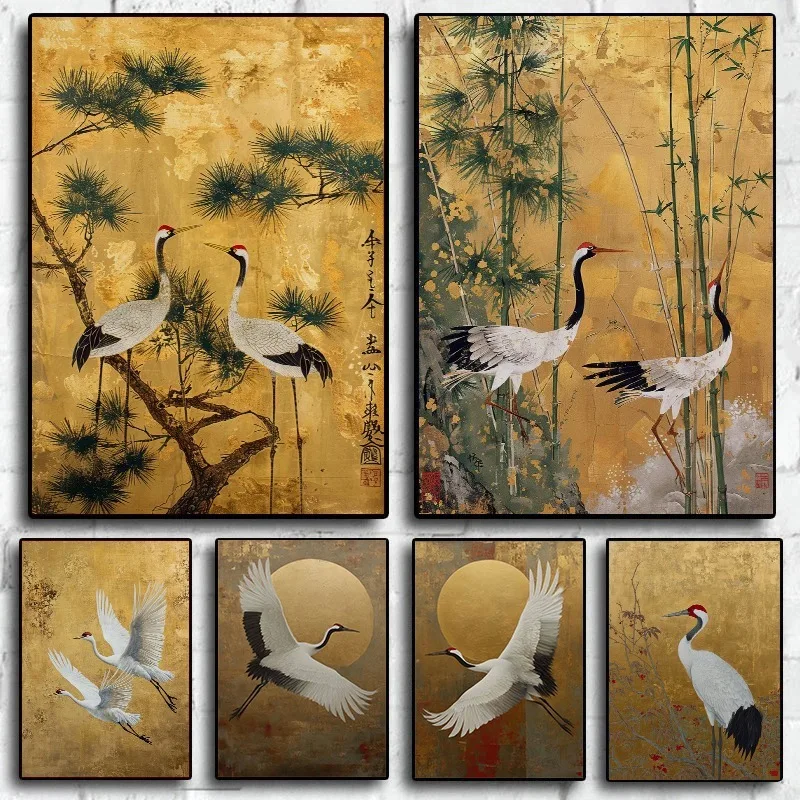 Japanische elegante Kranich-Vögel, Natur-Poster, fliegende Kraniche in Gold und Weiß, Leinwandgemälde, asiatische Wandkunst, Wohnzimmer-Heimdekoration