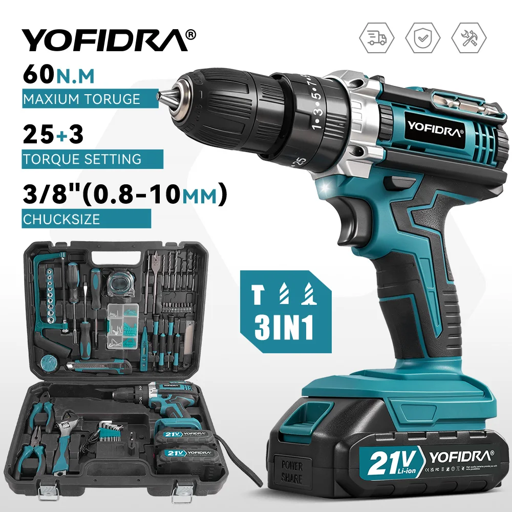 YOFIDRA Kabelloser Elektrischer Schlagbohrer 25+3 Drehmomentstufen Multifunktions-Schraubendreher Haushalt DIY-Elektrowerkzeug für Makita 21V Akku Image