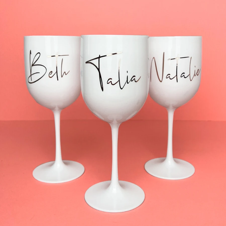 Bicchieri da matrimonio in plastica personalizzati Bicchieri da champagne in plastica Bicchiere da vino bianco da 450 ml Bicchieri da addio al nubilato Regali di compleanno per ragazze