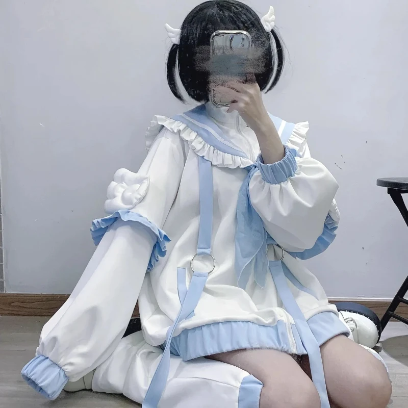 Japanische Y2k Ästhetische Rüschen Reißverschluss Sweatshirt Frauen Kawaii Hoodies Flügel Patch Matrosenkragen Grunge Lose Hoody Top Beinwärmer Image