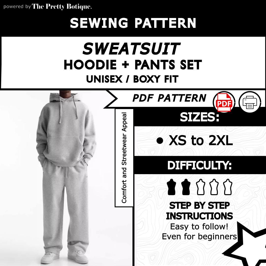 Set di modelli di cucito per tuta oversize - Felpa con cappuccio e pantaloni della tuta squadrati in formato PDF - Tuta streetwear fai da te