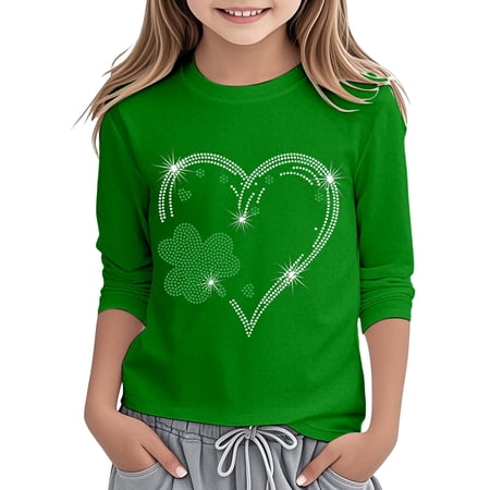 Girls St. Patrick s Day 3/4 Sleeve T Shirt With Heart Clover Print Base Layer Green 12 Y-13 Y