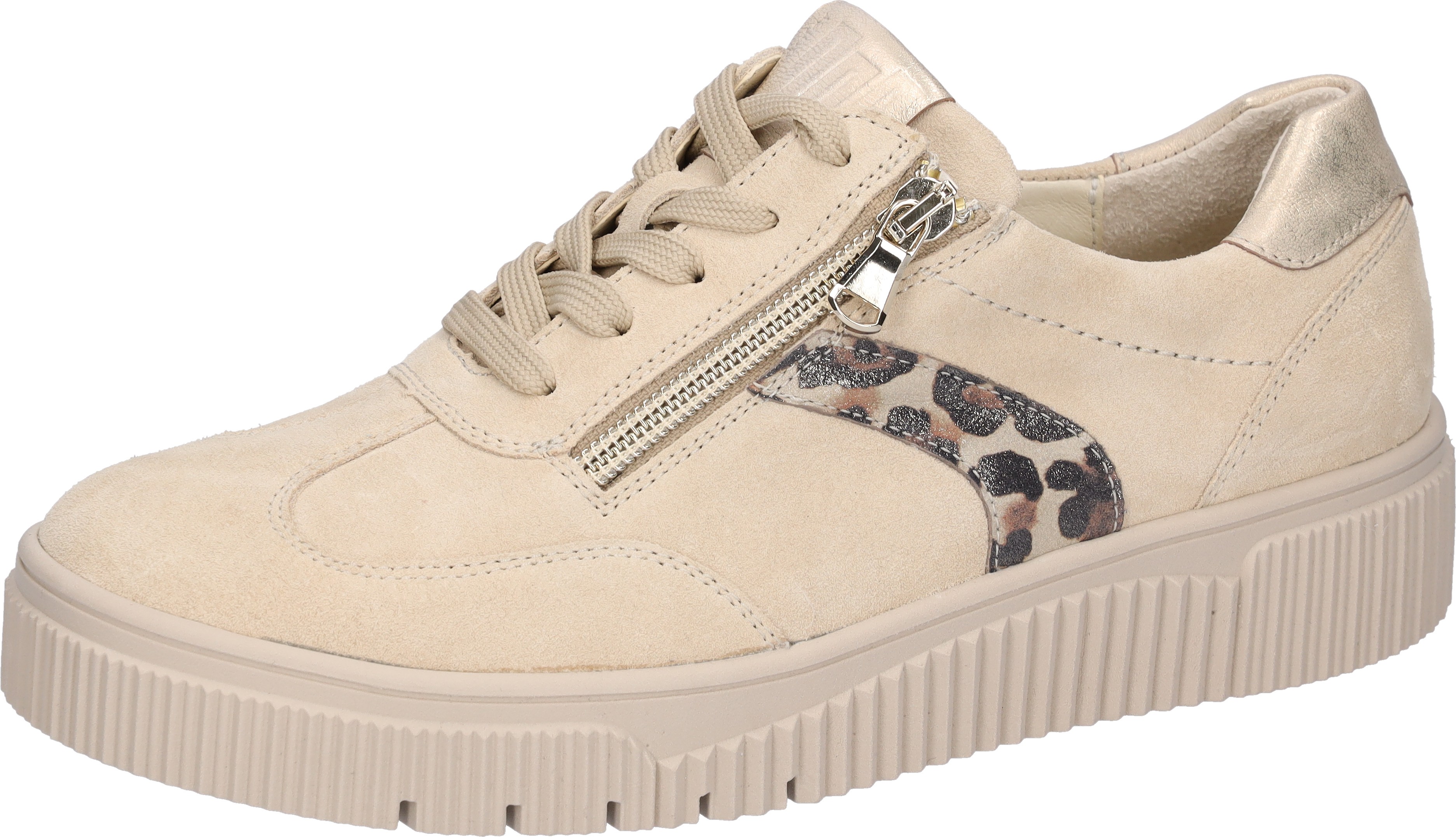 Plateausneaker WALDLÄUFER "K-SANSA", Damen, Gr. 9 (43), hellbeige, goldfarben, leo, Nappaleder, Nubukleder, Veloursleder, kontrastfarbene Details, metallic, Schuhe Plateausneaker, Schnürschuh, Halbschuh, Freizeitsneaker mit Leder-Fußbett, K-Weite