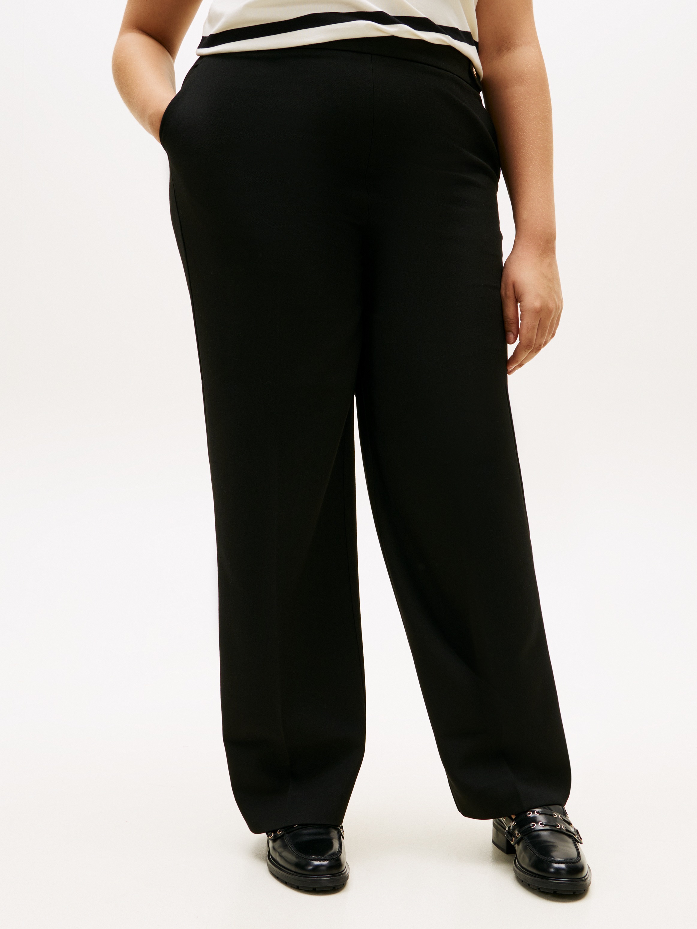 Anzughose TOMMY HILFIGER CURVE "CRV PUNTO GB STRAIGHT PANT", Damen, Gr. 52, N-Gr, schwarz, Web, Obermaterial: 68% Polyester, 28% Viskose, 4% Elasthan, unifarben, straight fit, Hosen Anzughose, in großen Größen