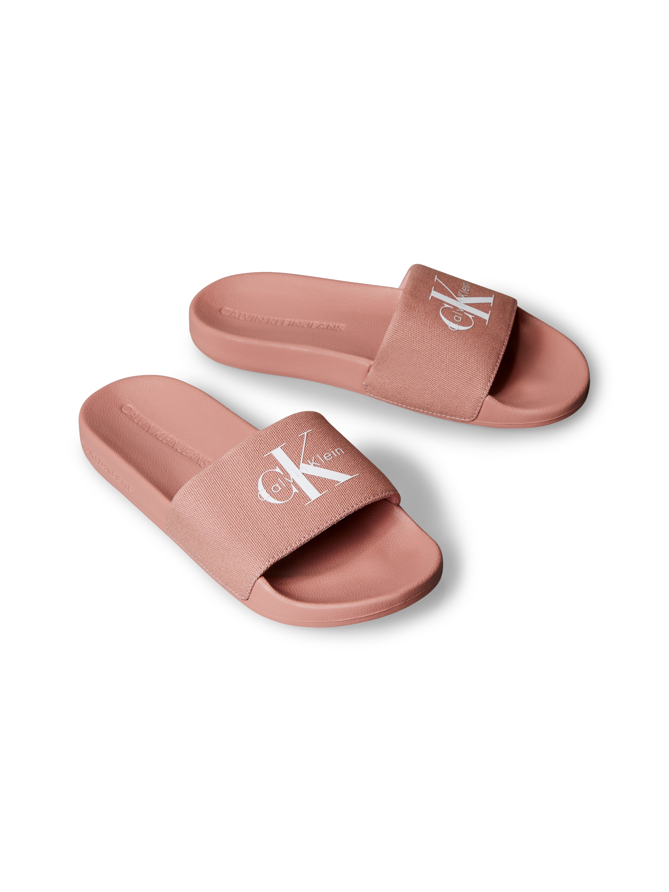 Badepantolette CALVIN KLEIN JEANS "SLIDE MONOGRAM WN LOGO CK", Damen, Gr. 40, rosa, weiß, Textil, Basic, Schuhe, Strandschuh, Pool Slides, Badeschuh, Flat mit Logo