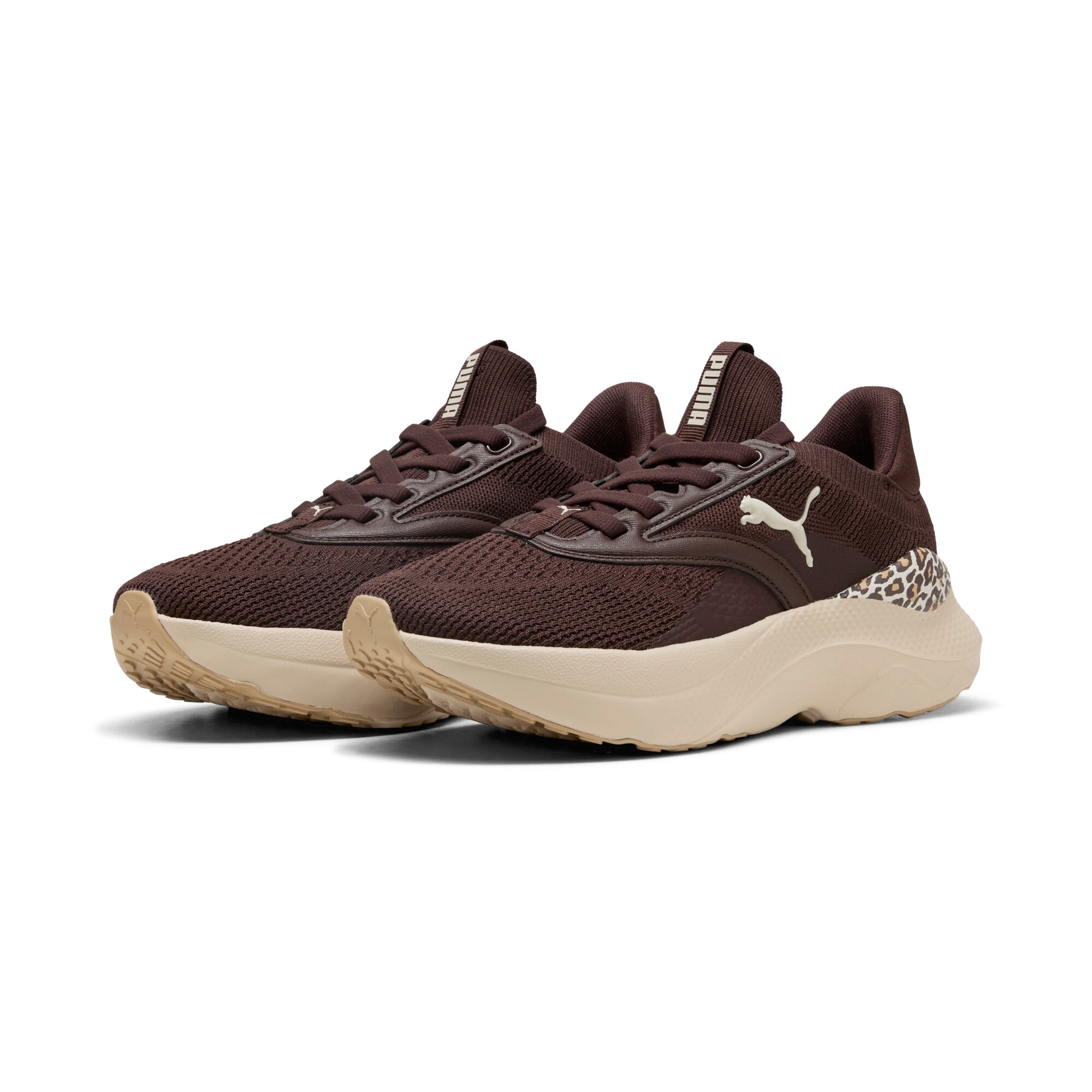 Fitnessschuh PUMA "SOFTRIDE MAYVE ANIMAL WNS", Damen, Gr. 42,5, chocolate braun, alpine snow, sand dune, Textil, Schuhe Fitnessschuh