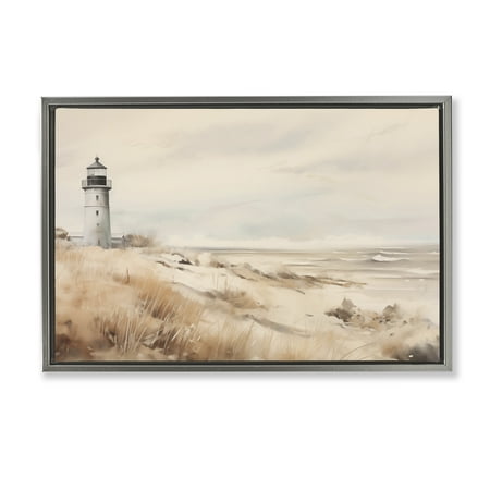 Stupell Industries Distant Lighthouse in Neutral Tones Landscape & Nature Painting Gray Floater Framed Canvas Art Print Wall Art 25 x 17