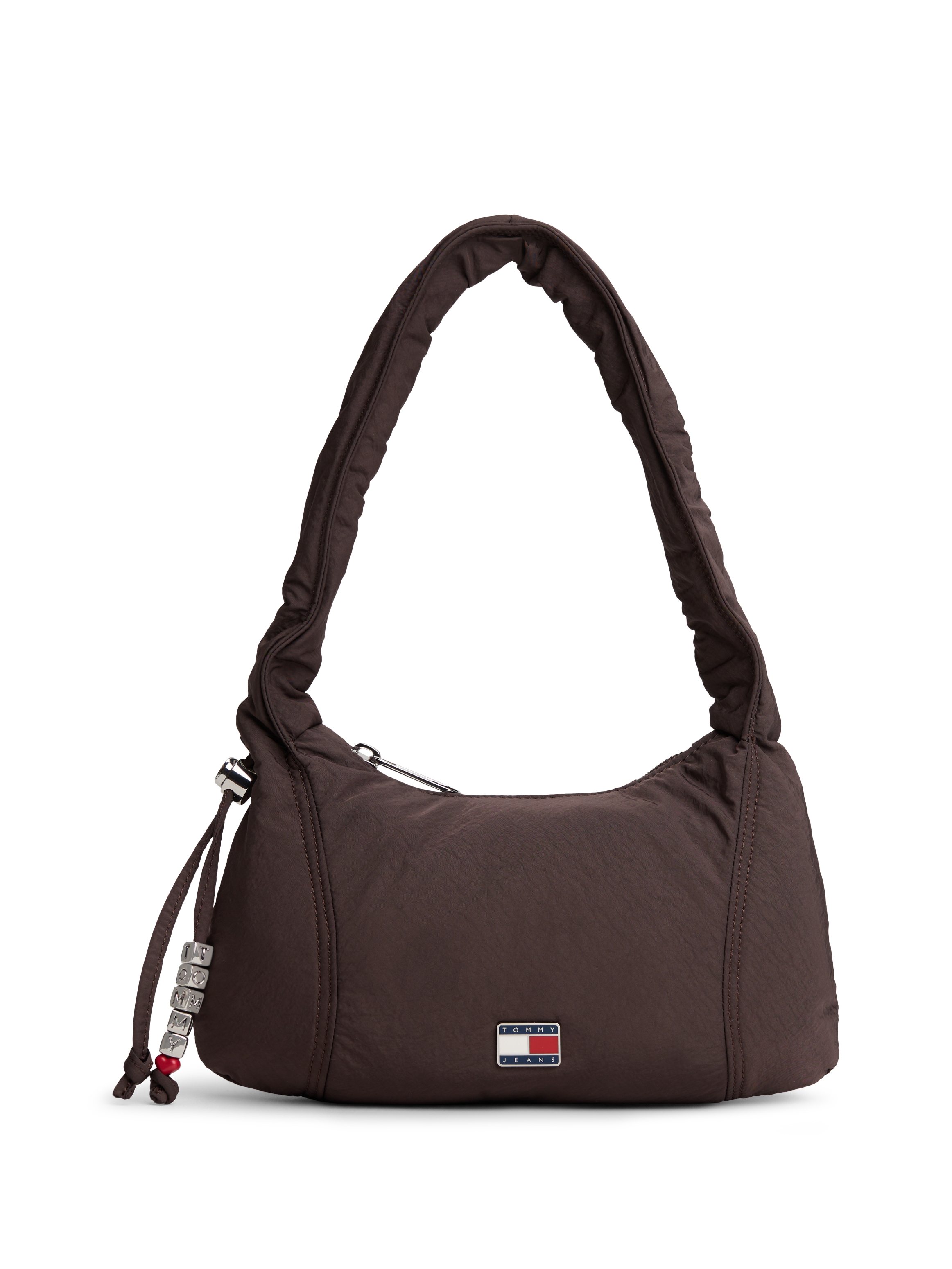 Schultertasche TOMMY JEANS "TJW CASUAL SHOULDER BAG", Damen, Gr. B/H/T: 27cm x 16cm x 8cm, dunkelbraun, Textil, Taschen Schultertasche, Damen Tragetasche, Minibag, mit Zierperlen und Schmuckelementen