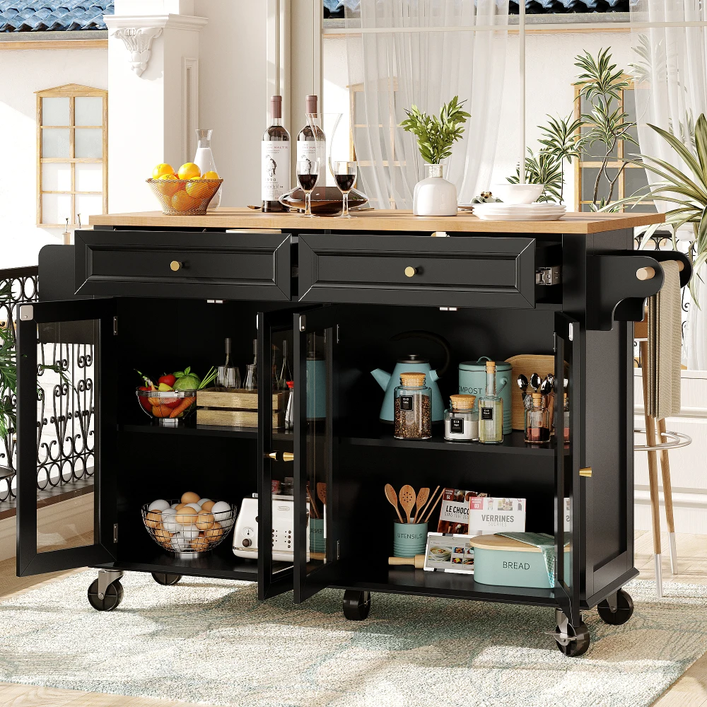 Hochwertige Kücheninsel mit Rollen, Glastüren, multifunktional, mit Stauraum, mobiler Buffetschrank für Küche und Wohnzimmer