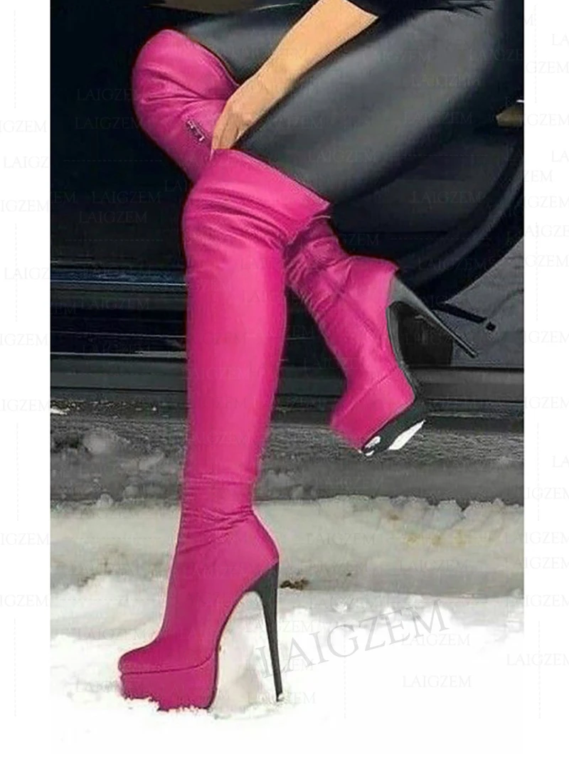 BERZIMER Frauen Über Hohe Plattform Stiefel Seite Zip High Heels Zapatos Mujer Hohe Stiefel Damen Schuhe Frau Große Größe 39 44 47 52