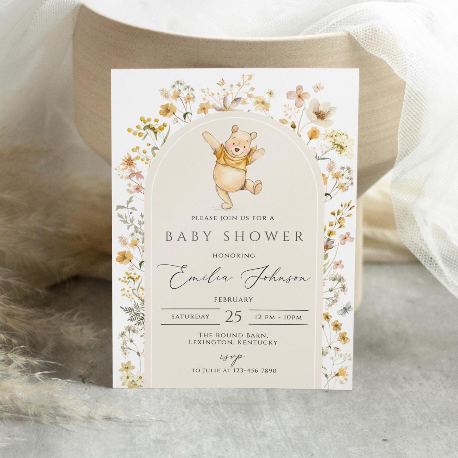 Invito classico per baby shower a tema Winnie the Pooh, invito per baby shower neutro a tema Winnie the Pooh, boho, floreale, WP005