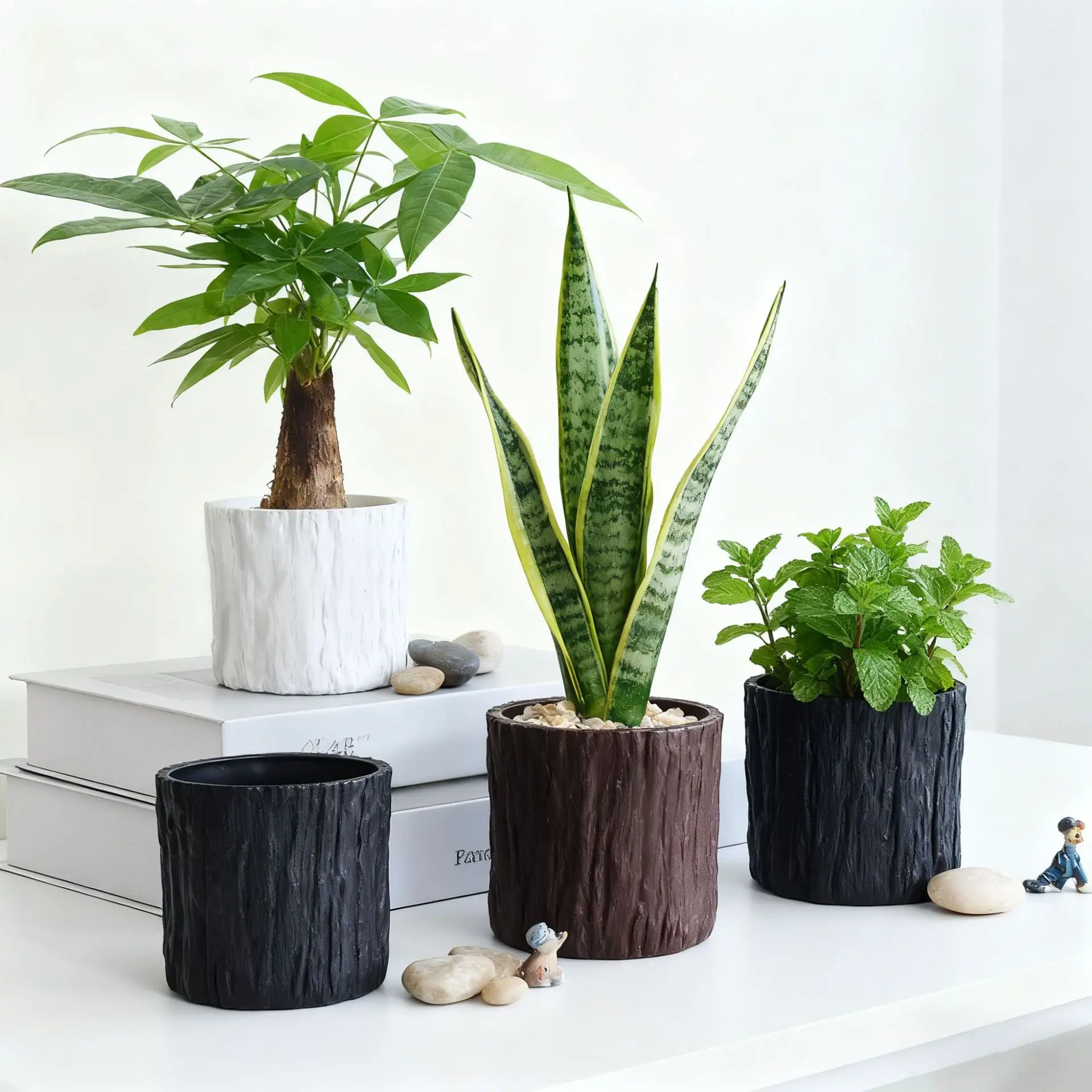 Blumentöpfe aus Kunststoff im Baumrindenstil, kleiner Sukkulenten-Übertopf für die Inneneinrichtung, moderner Mini-Gartentopf für den Innenbereich Image