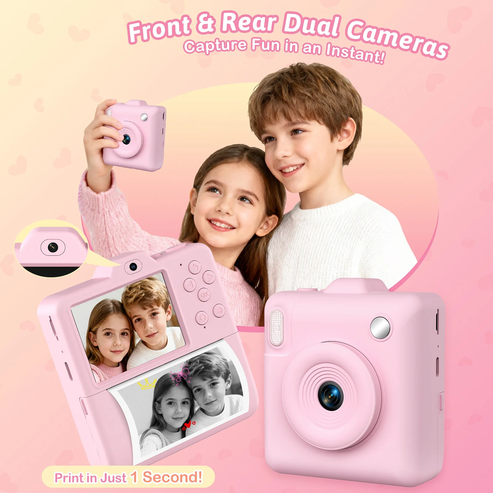 Kinderkamera Mini Sofortbildkamera Selfie-Fotografie-Drucker 1080P HD Digitale Kinderkamera Spielzeug Mit 5 Rollen Druckpapier Image