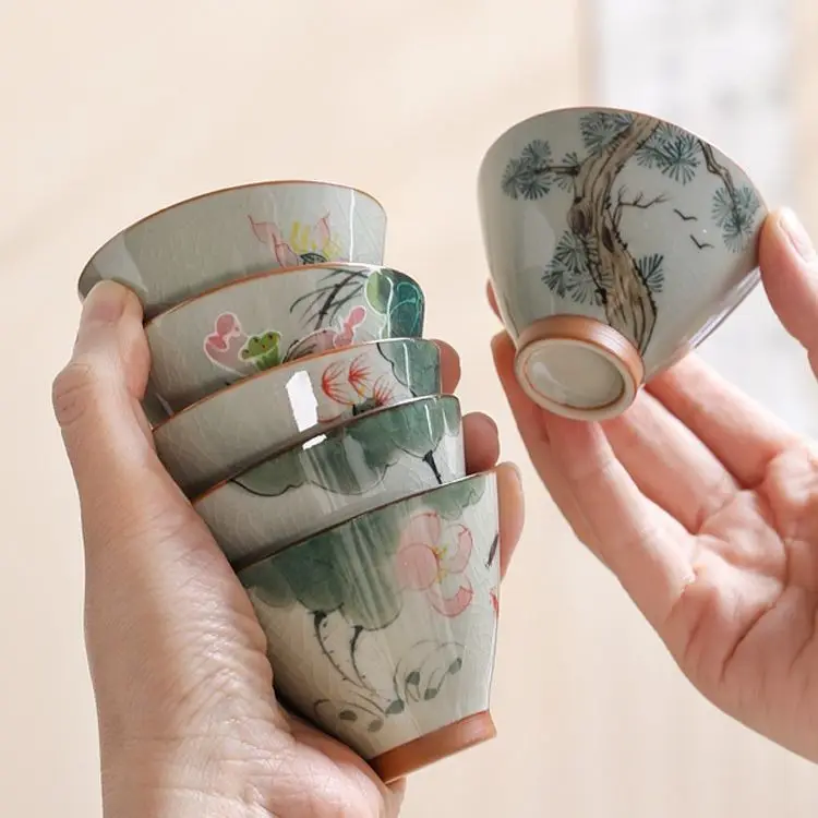 Handbemalte Lotus-Teetasse, Keramik, Meisterbecher, Vintage, chinesische Kung-Fu-Teeschale, Teehaus-Trinkutensilien, Meditationsbecher, 60 ml