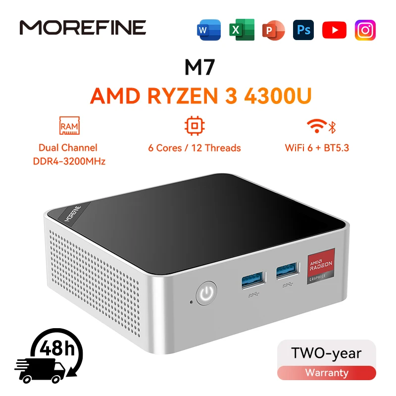 MOREFINE Mini PC M7 AMD Ryzen R5-4600H WIN11PRO Desktop Computer Dual Channel DDR5 RAM M.2 PCIE4.0 SSD WiFi6 BT5.3 Laptop Game