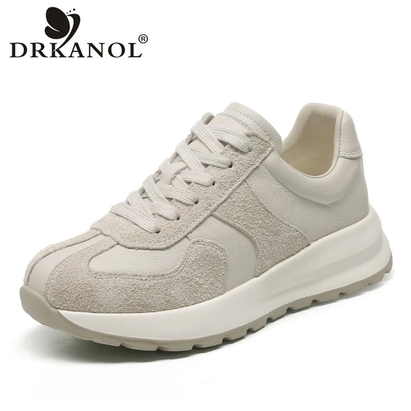 DRKANOL Damen-Sneaker mit flacher Plattform, lässig, modisch, gemischte Farben, leicht, echtes Rindsleder, Schnürung, weiche Sohle, Damenschuhe Image