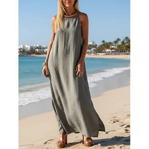 Damen Baumwolle Leinen Maxi Kleid Shift Kleid Sommer Kleid Slip Kleid Lässiges Alltagsloses Passform Einfarbig Ärmellos Spaghetti-Träger Grünes Sommer Image