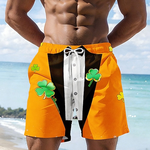 St. Patrick's Day Herren Shamrock Kostüm Faux Kragen und Anzug Design Schwimmshorts Schwimmhosen Boardshorts Mittlere Taille Mode Freizeit Party Urlaub Seitentaschen Netzfutter Elastischer Kordelzug Image