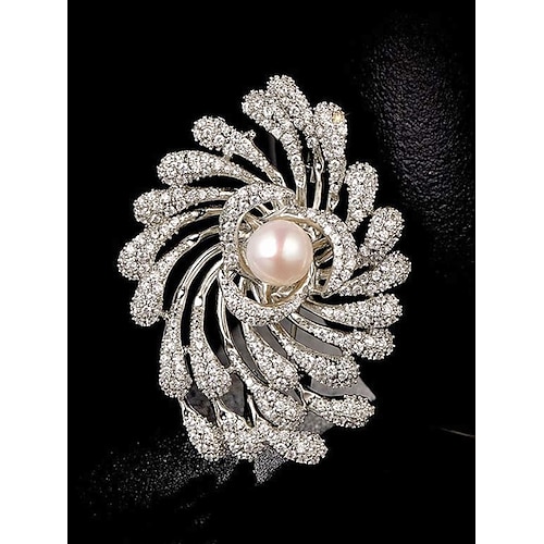Damenbrosche aus einer Legierung mit Imitationsperle, in Gold- und Silberfarben, elegantes spiralförmiges Feuerwerksdesign, perfekt für Hochzeiten und formelle Dinner-Veranstaltungen Image