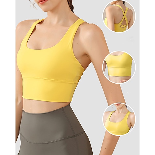 Damen Einfarbig Sport Top Sport-BH Ärmellos Racerback Stoßdämpfung Atmungsaktiv Laufen Fitness Yoga Rundausschnitt Tank-Rückseite Oberteil Schwarz Gelb Rosa Tennisbekleidung Image