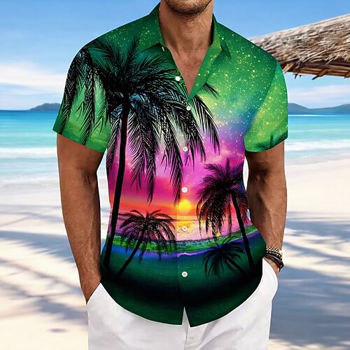 Herren Kokospalme Sternenklarer Himmel Sommer Hawaiihemd Knopfhemd Alohahemd Kurzarm Hawaiianisch Resort Urlaub Ferien Strandbekleidung Sommer Frühling Umlegekragen Hemden mit Kragen Blau Rosa Orange Image
