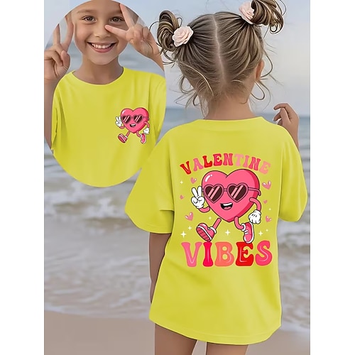 Valentinstag Mädchen 3D Herz Grafik T-Shirt Kurzarm 3D-Druck Sommer Frühling Sport Mode Streetwear Kinder 4-12 Jahre Rundhalsausschnitt Lässig Täglich Outdoor Normale Passform Image