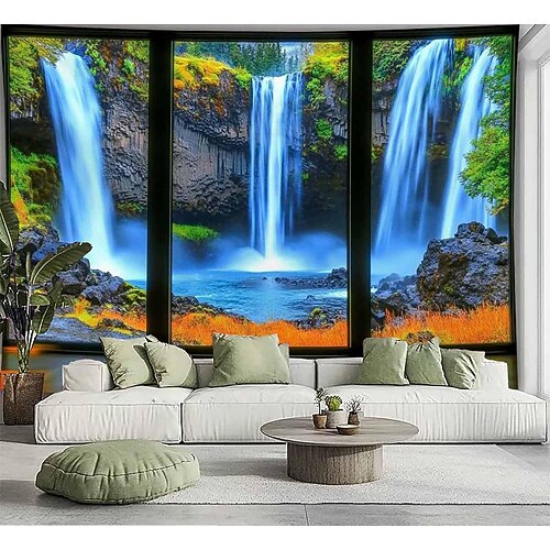 3D-Wandteppich mit Seeblick, Naturlandschaft aus dem Fenster, Waldmotiv, künstliche Fensterkulisse für Wohnzimmer, Yogaraum und Meditationsraum Image